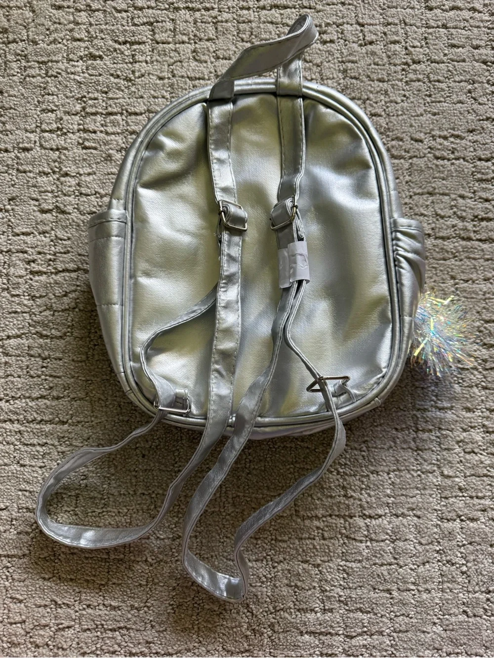 Silver Kids Mini Backpack with Rainbow Front Pocket NWOT Colorful Sparkly Shiny